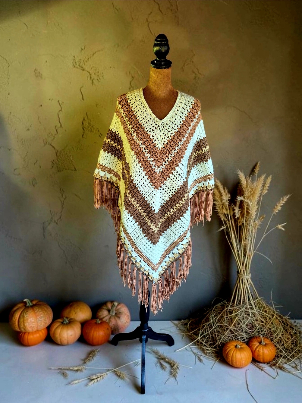 Fringed V-Neck BOHO Crochet Poncho Sweater in Cream and Brown